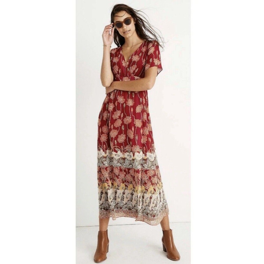 MADEWELL Tulip Sleeve Maxi Dress In Tall Sunflowers Red Chiffon Wedding Sz 4 - Picture 1 of 9
